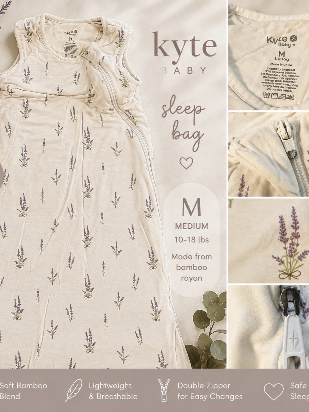 Kyte Baby Sleep Bag Sleep Sack M 1.0 TOG Lavender Floral Bamboo